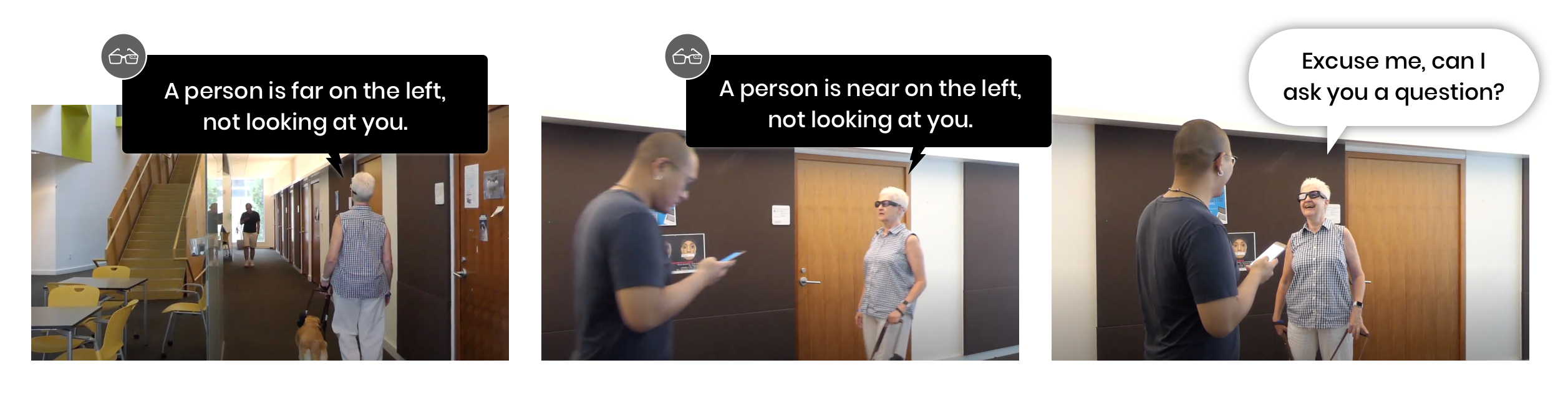 This figure contains three images describing how a blind user would be using smart glasses for pedestrian detection